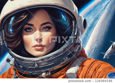 portrait of a beautiful female astronaut in a space suit, face closeup 126369198