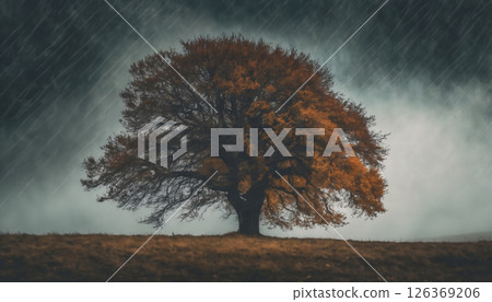 one big tree in a field with dry grass and forest in the autumn season, beautiful nature, rainy weather, cloudy 126369206