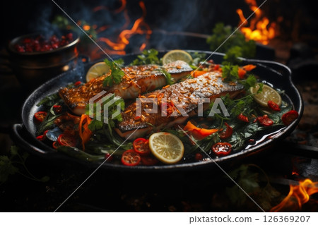 cooking meat with vegetables and herbs on fire, barbecue, flames and smoke, delicious food cooking meat with vegetables and herbs on fire, barbecue, flames and smoke, delicious food 126369207