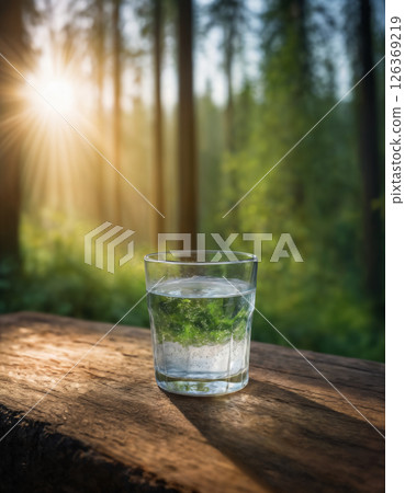 a glass filled with clean drinking water against a beautiful landscape, nature with a forest 126369219