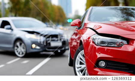 Two-car accident on urban street with red and gray vehicles. 126369312