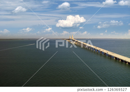 Aerial view of Sunshine Skyway Bridge over Tampa Bay in Florida with moving traffic. Concept of transportation infrastructure 126369327