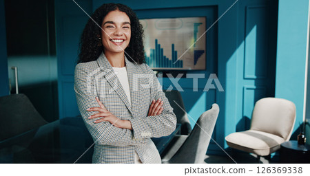 Portrait, finance and business woman with arms crossed for investment opportunity, pride and actuary with smile. Confident worker, corporate professional and happy employee in office as risk analyst Portrait, finance and business woman with arms crossed for investment opportunity, pride and actuary with smile. Confident worker, corporate professional and happy employee in office as risk analyst 126369338