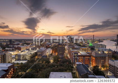 Aerial view of Savannah, Georgia. American city old historical architecture. USA panoramic cityscape at night Aerial view of Savannah, Georgia. American city old historical architecture. USA panoramic cityscape at night 126369372