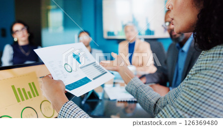 Business woman, hands and meeting with documents for company statistics, report or review at conference. Female person, paperwork or discussion with team for analytics, data or performance at office Business woman, hands and meeting with documents for company statistics, report or review at conference. Female person, paperwork or discussion with team for analytics, data or performance at office 126369480
