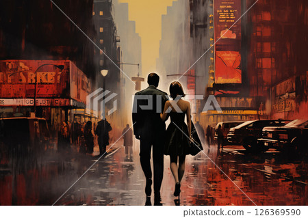 Romantic couple, man and woman, walking and embracing in a city street, at night, rainy weather, fog. Illustration, poster in the style of 1960 Romantic couple, man and woman, walking and embracing in a city street, at night, rainy weather, fog. Illustration, poster in the style of 1960 126369590