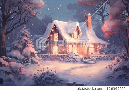 village street in winter season decorated for Christmas or New Year holiday, beautiful view of exteriors of houses , snow, sunset, street lights, festive environment 126369621