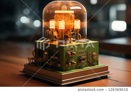 an analog retro device with lamps and buttons 126369638
