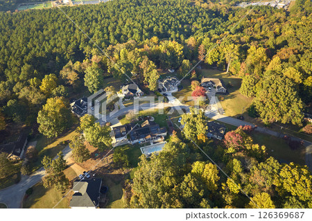 Aerial view of classical american homes in South Carolina residential area. New family houses as example of real estate development in USA suburbs 126369687