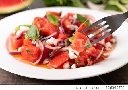 Fresh Watermelon Feta Salad with Mint and Red Onion 126369731