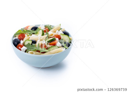 Mediterranean Pasta Salad with Fresh Vegetables and Herbs isolated on white background Mediterranean Pasta Salad with Fresh Vegetables and Herbs isolated on white background 126369739