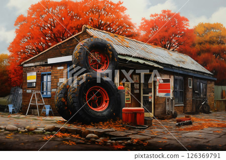 an old workshop for repair of machinery and cars against the background of beautiful autumn nature, wheels and other things around it 126369791