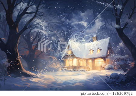village street in winter season decorated for Christmas or New Year holiday, beautiful view of exteriors of houses , snow, sunset, street lights, festive environment 126369792