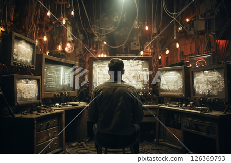 a person in a dark room watches screens and controls computer devices for computing and information processing, video surveillance and hacking 126369793