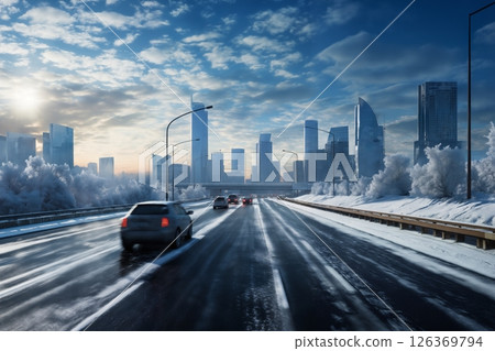 cityscape with highway and skyscrapers, a slippery road covered with ice and snow, blue sky and bright sun, winter season 126369794