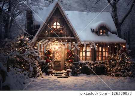 village street in winter season decorated for Christmas or New Year holiday, beautiful view of exteriors of houses , snow, sunset, street lights, festive environment 126369923
