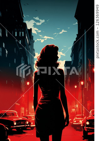 Portrait of a beautiful fashionable woman with a hairstyle, in a city street, at night, car, road and moon. Illustration poster in the style of 1960 126369949