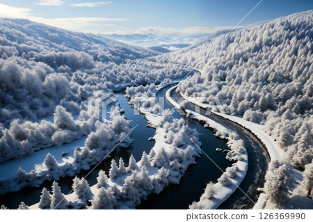 beautiful winter landscape drone view, river and forest with snow, wild nature 126369990