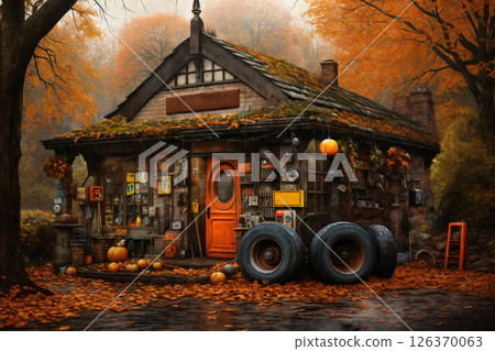 an old workshop for repair of machinery and cars against the background of beautiful autumn nature, wheels and other things around it 126370063