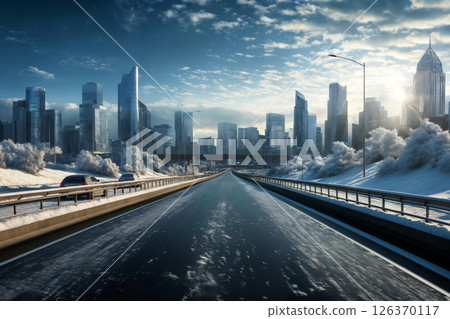 cityscape with highway and skyscrapers, a slippery road covered with ice and snow, blue sky and bright sun, winter season cityscape with highway and skyscrapers, a slippery road covered with ice and snow, blue sky and bright sun, winter season 126370117