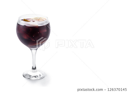 Refreshing Summer Citrus Fruit Sangria in crystal glass isolated on white background 126370145