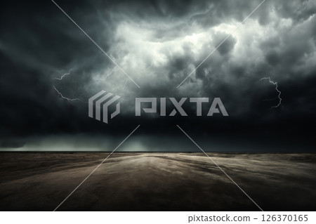 dark dramatic stormy sky with lightning and cumulus clouds over plain for abstract background 126370165