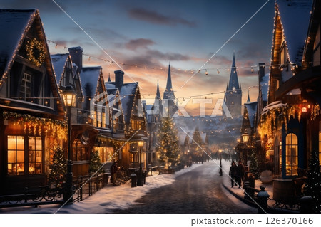 beautiful view of village street in winter, exteriors of houses decorated for Christmas or New Year holiday, snow, street lights, festive environment 126370166