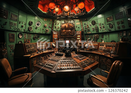 command post of a retro analog control center for an industrial enterprise or a nuclear power plant, control panel, devices for industrial and scientific research and measurements 126370242