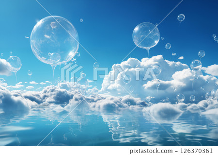 big water bubbles flying against a blue sky with clouds, beautiful landscape, abstract background 126370361