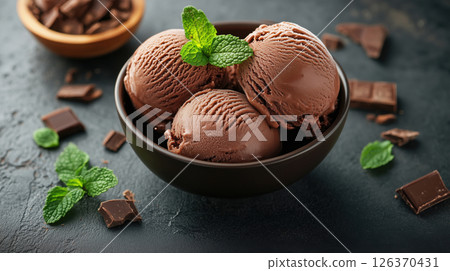Chocolate Ice Cream Scoops with Mint Leaves in Dark Bowl 126370431