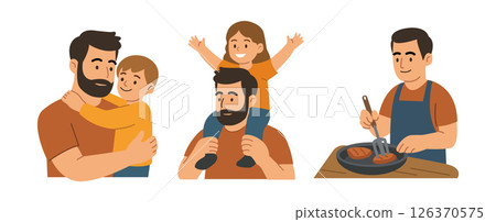 Father hugging children playing together and cooking food flat vector illustration for Father's Day parenting and family bonding 126370575