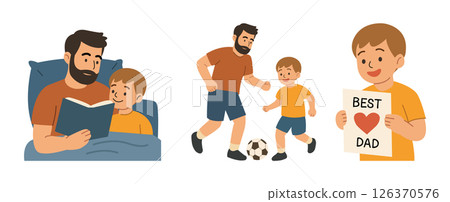 Father and son spending time together reading playing soccer and celebrating Father's Day in flat vector illustration 126370576