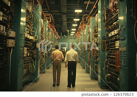 An employee controls an industrial center for measurement and computing and information processing, a retro analog device in a laboratory, in the style of a reportage editorial 126370623