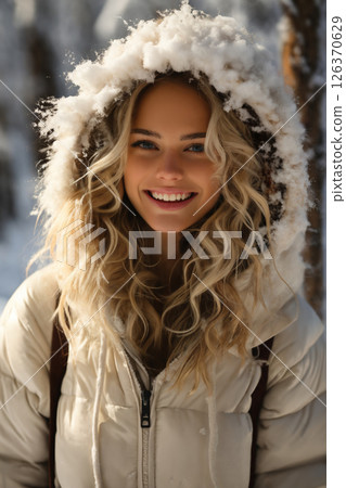 portrait of a woman in winter outdoors, beautiful nature, bright sunny day in the forest and snow 126370629