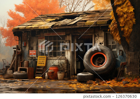an old workshop for repair of machinery and cars against the background of beautiful autumn nature, wheels and other things around it 126370630