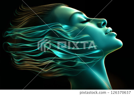 fashion portrait of a beautiful woman with an abstract hologram around her face, holographic pattern on a dark background, cyber art concept 126370637