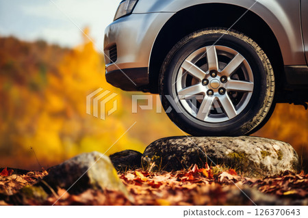 autumn off road with yellow leaves and a car wheel on a stone, beautiful autumn nature 126370643