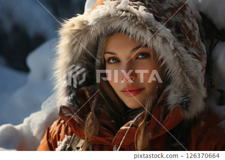 portrait of a woman in winter outdoors, beautiful nature, bright sunny day in the forest and snow 126370664