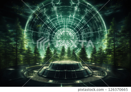 a digital visualization platform and a hologram in the night forest, a concept of the future and augmented digital reality, lights, illumination 126370665