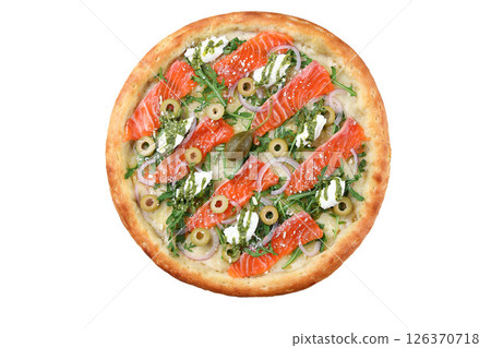 Isolated Overhead View of White Sauce Pizza with Smoked Salmon, Arugula and Olives Isolated Overhead View of White Sauce Pizza with Smoked Salmon, Arugula and Olives 126370718