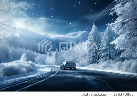 a car on the background of a winter snow covered road, beautiful landscape, winter forest and mountains, concept of travel and traffic safety on a slippery road 126370862