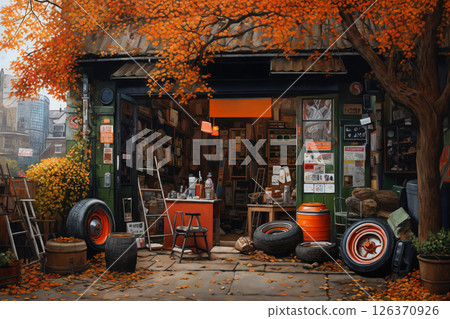 an old workshop for repair of machinery and cars against the background of beautiful autumn nature, wheels and other things around it 126370926