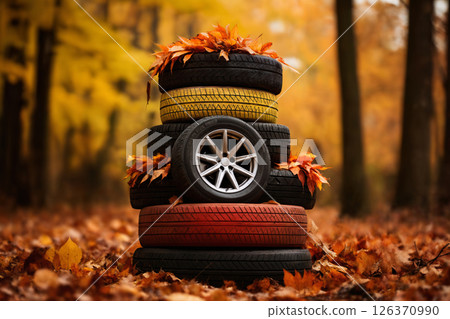 old car tires decorated with bright yellow leaves in the autumn forest old car tires decorated with bright yellow leaves in the autumn forest 126370990