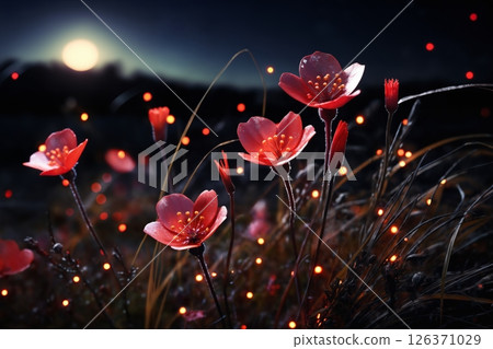 Fabulous fluorescent plants or flowers in a magical forest at night under the moon 126371029