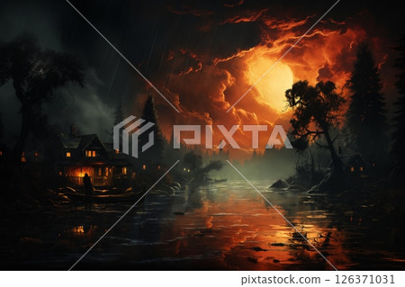 landscape, a hut in night forest, dark dramatic sky and river landscape, a hut in night forest, dark dramatic sky and river 126371031