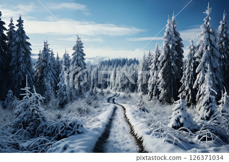 beautiful winter landscape drone view, road and forest with snow, wild nature 126371034