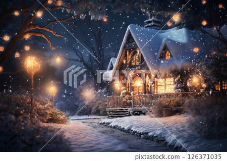 village street in winter season decorated for Christmas or New Year holiday, beautiful view of exteriors of houses , snow, sunset, street lights, festive environment 126371035