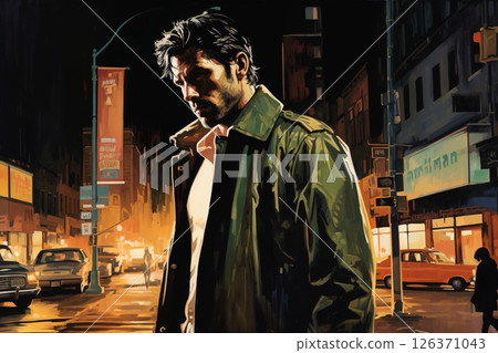 Portrait of a handsome man, in a city street, at night. Illustration poster in the style of 1960 126371043