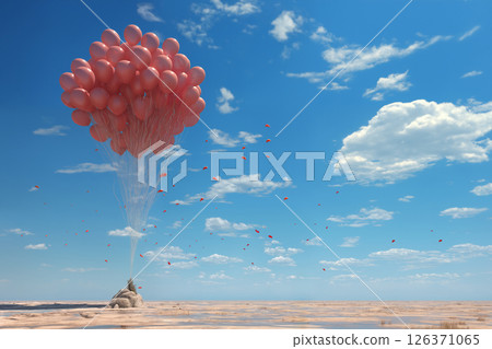 a bunch of red balloons in the desert, a beautiful landscape with blue sky, white cumulus clouds and a simple abstract background 126371065