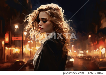 Portrait of a beautiful fashionable woman with a hairstyle, in a city street, at night, car, road and moon. Illustration poster in the style of 1960 Portrait of a beautiful fashionable woman with a hairstyle, in a city street, at night, car, road and moon. Illustration poster in the style of 1960 126371067
